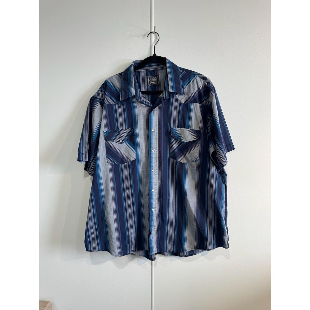 VTG Rock‎ Creek Ranch Shirt Mens 3XL Blue Stripe Button Short Sleeve Western